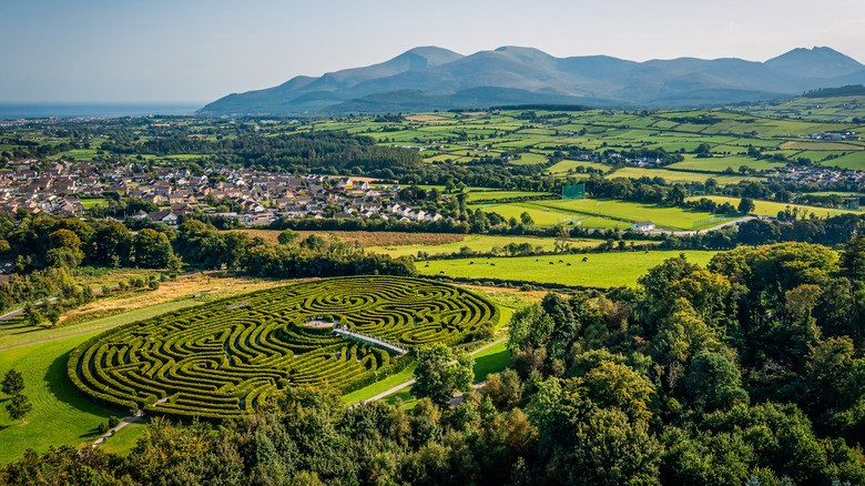 Aerial view over the Peace Maze and mountains at Castlewellan Forest Park in County Down, Northern Ireland