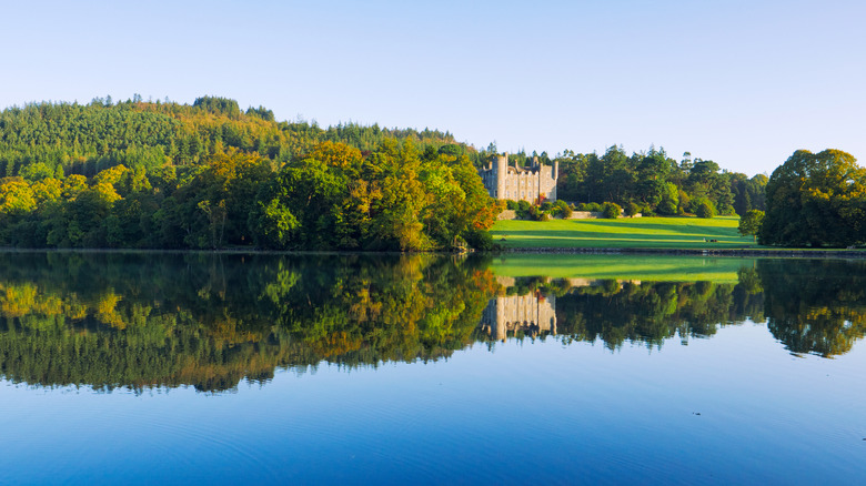 View across Castlewellan Lake to the Castlewellan Castle in Northern Ireland