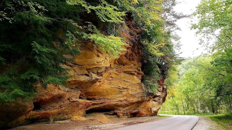 A dramatic sandstone cliff towering over a narrow road at Clear Creek Metro Park near Columbus, Ohio.