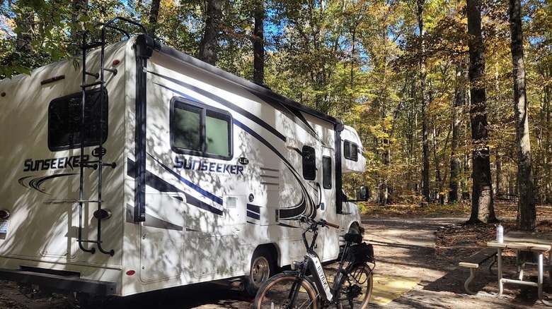 RV parked at Tuckahoe State Park campgrounds in Maryland