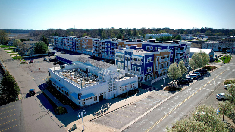 An aerial view of buildings in downtown New Buffalo