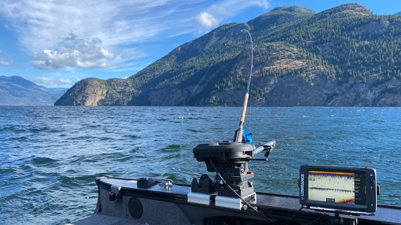 Fishing gear attached to boat while angling in Adams Lake