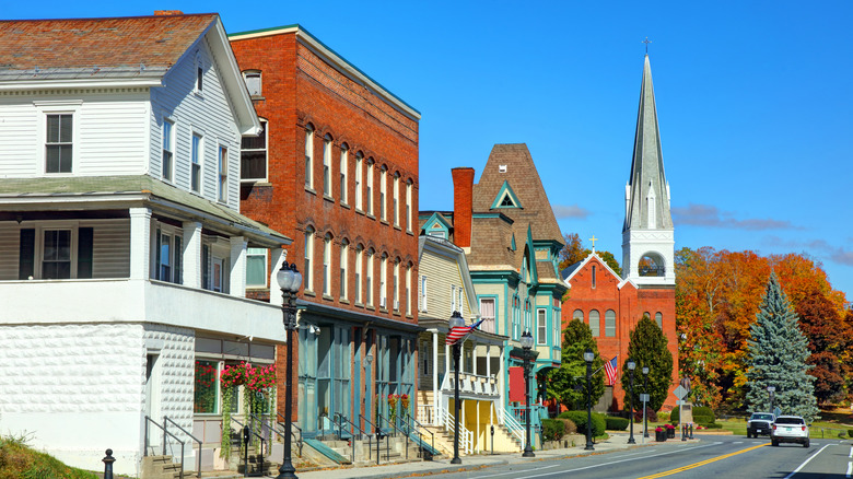 Park Street lined with unique buildings in Adams, Massachusetts