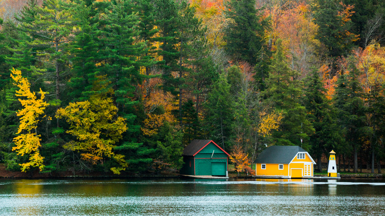 Houses on lake in Adirondacks with trees in fall