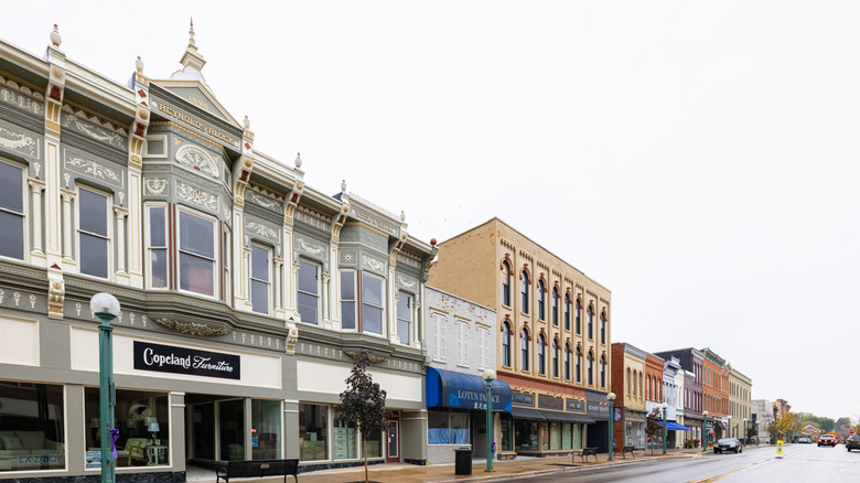 Buildings lining Main Street in Adrian, Michigan