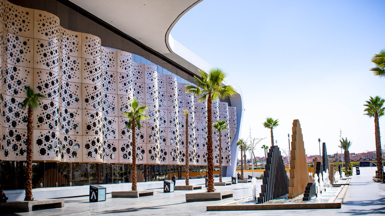 Unique architectural details outside departure entrance at Marrakech International Airport in Morocco