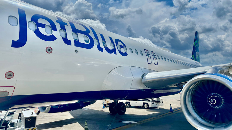 View of a JetBlue aircraft parked at gate