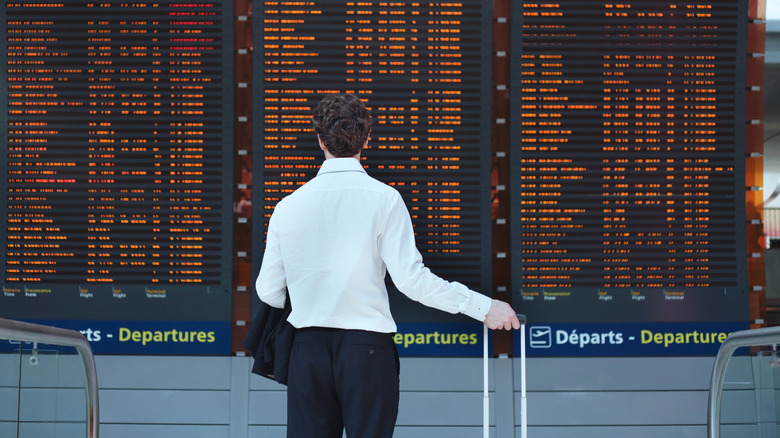 Man looks at departure board