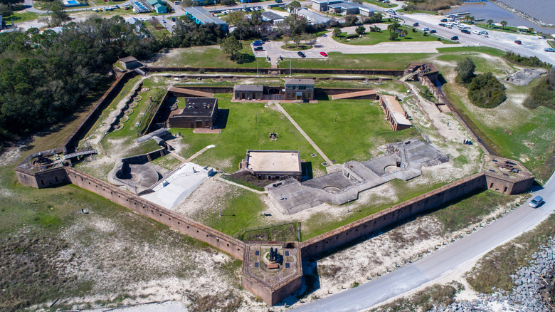 Battlement walls and historic buildings inside Fort Gaines