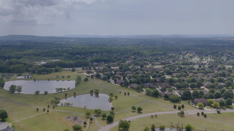 aerial view of water and grass and houses and sky