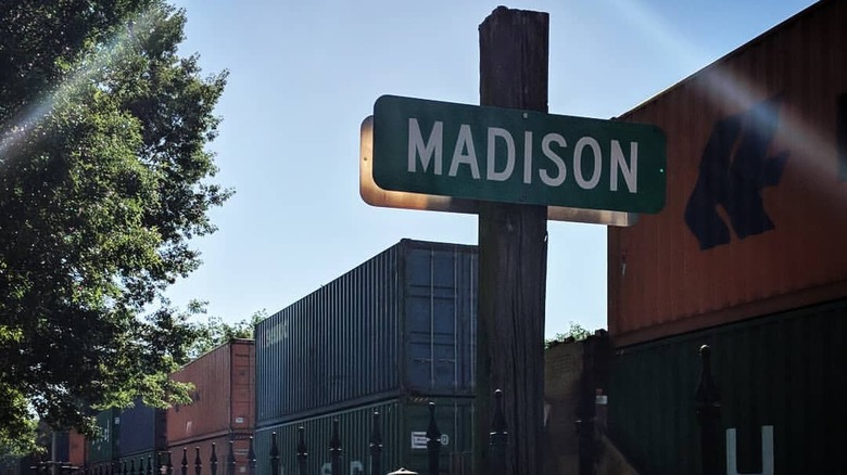 green Madison sign in front of a tree and train