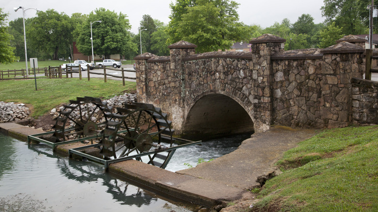 A stone bridge and water wheels at Spring Park in Tuscumbia, Alabama