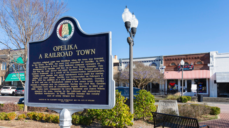 Historical marker notating Opelika as a railroad town