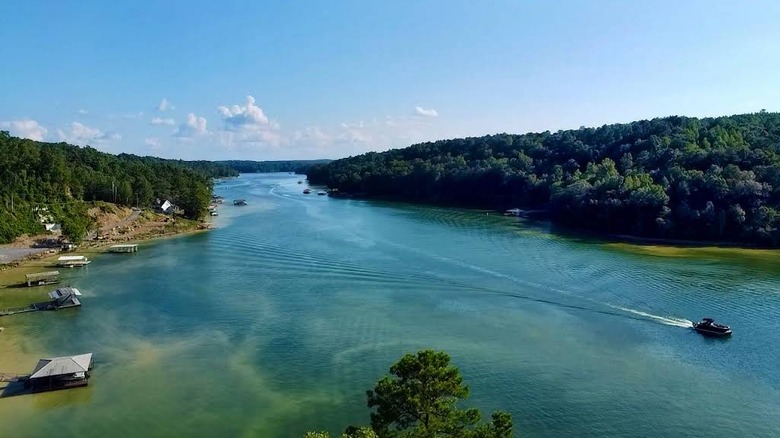 Aerial view of boats on Lewis Smith Lake in northern Alabama