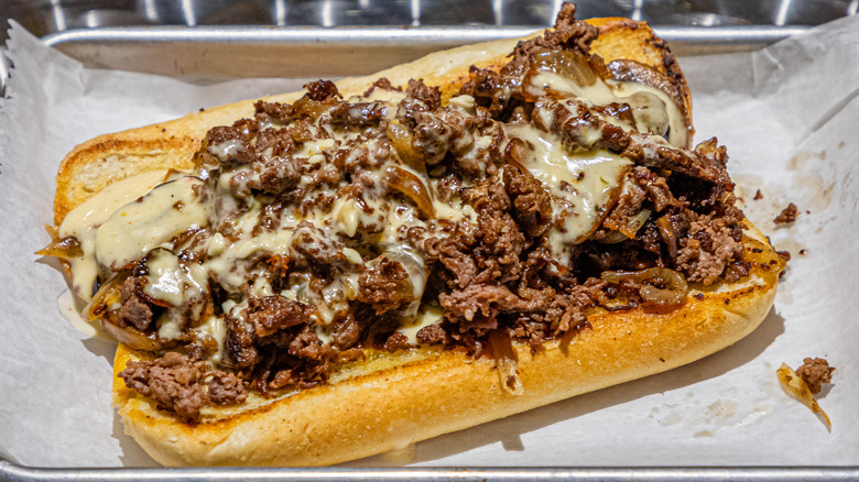 Philly cheesesteak on a serving tray