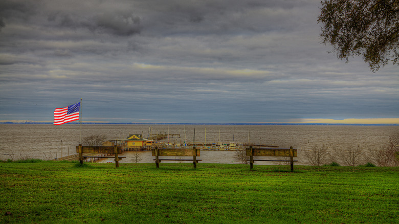 Park benches with view of Mobile Bay