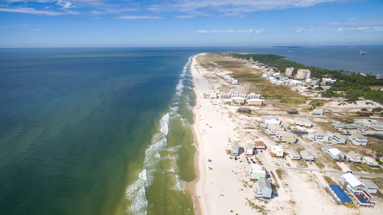 Aerial view of beaches of Fort Morgan peninsula