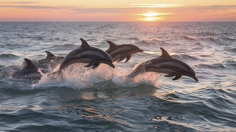 Dolphins jumping out of water against sunset