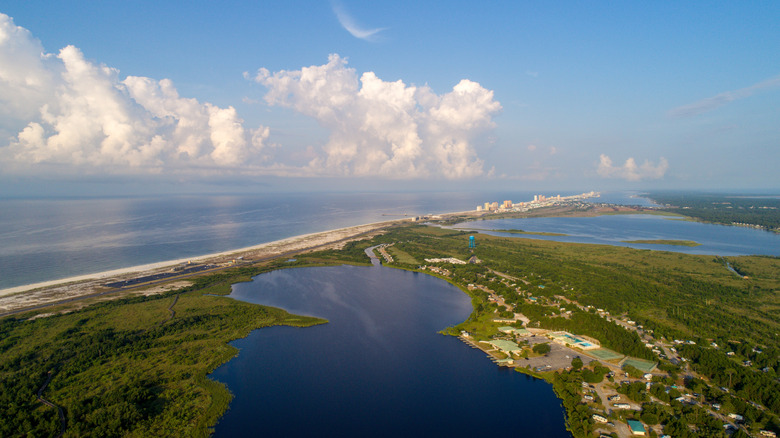 Aerial view of Gulf State Park and Gulf Shores in Alabama during the day.