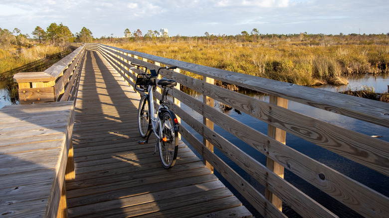 A bike on wooden boardwalk by a lake