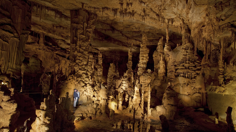 Two people viewing giant stalagmites and stalactites at Cathedral Caverns State Park, in Alabama.