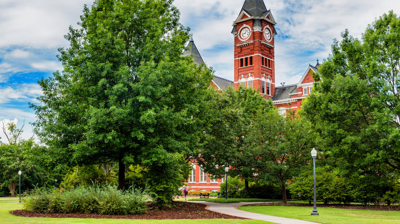 A building with clocktower with trees in front