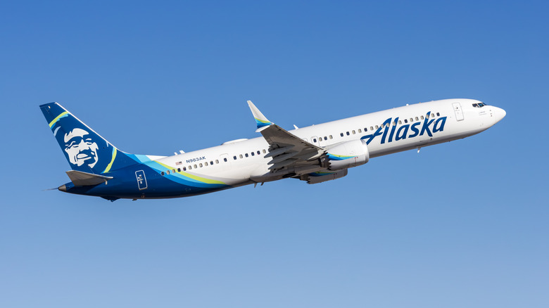 An Alaska Airlines passenger plane in the sky