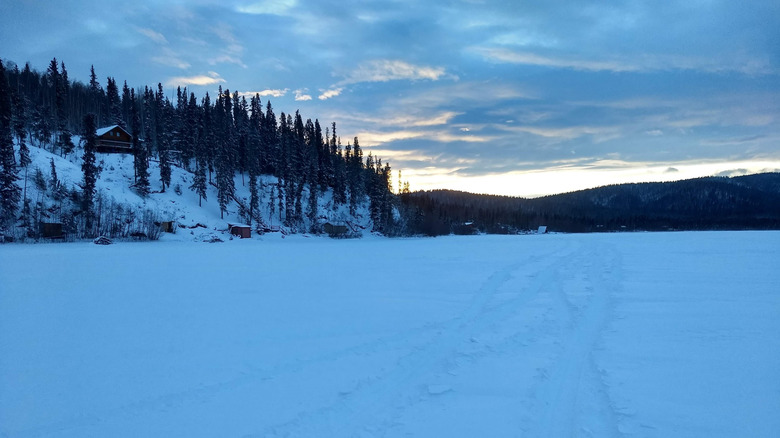 View of the icy landscape of Quartz Lake, Alaska