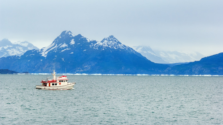 A boat cruises over the water in Prince William Sound with snowy mountains in the background.