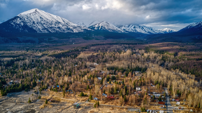 An aerial view of Hope, Alaska on a cloudy day