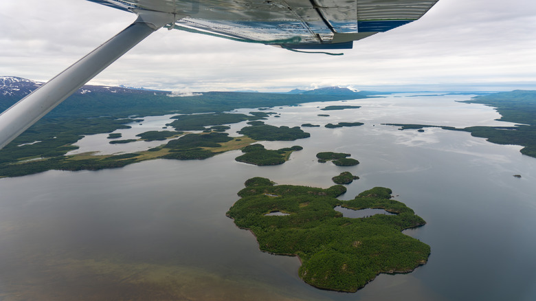 Float plane flying over Lake Iliamna