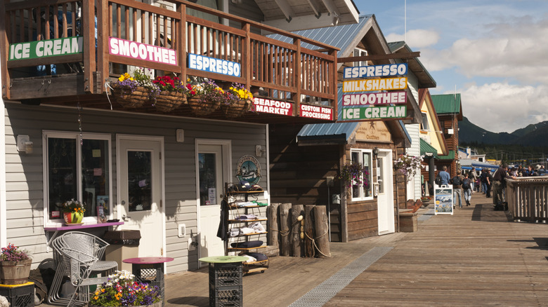 Waterfront stores in the town of Seward, Alaska