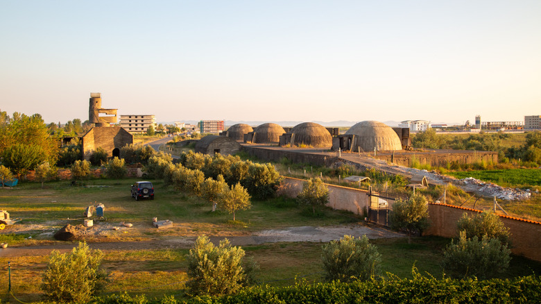 Old concrete bunkers in Tirana, Albania, pictured around sunset