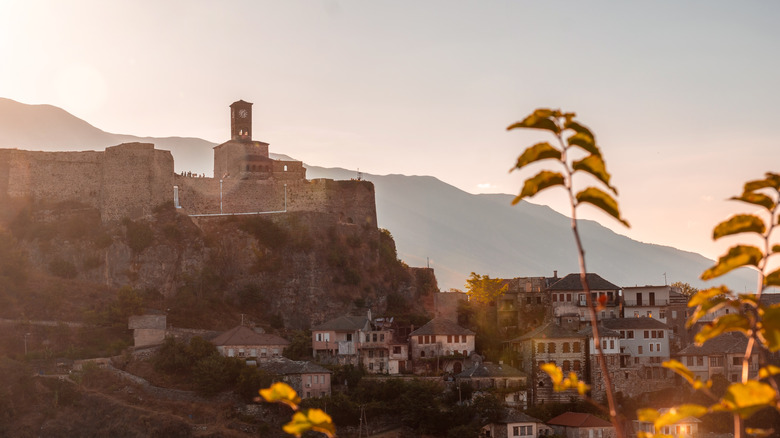 Gjirokaster castle and clock tower in the mountains