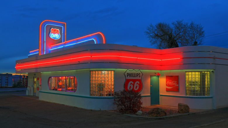 Albuquerque, New Mexico's 66 Diner with neon lights outside shining at night