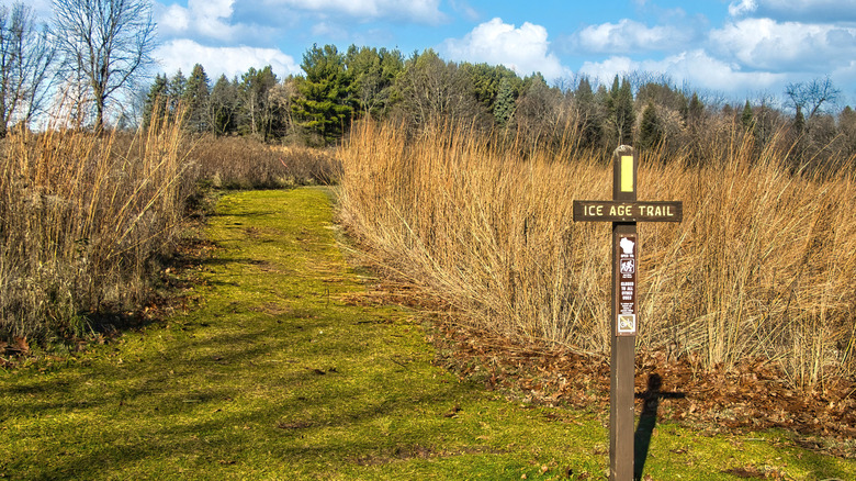 A sunny, late autumn landscape shot of an Ice Age Trail marker in a hilly field in Verona, Wisconsin