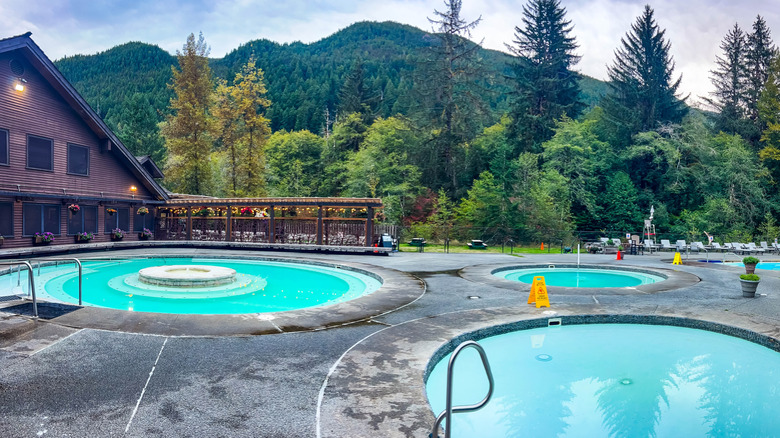 Steaming outdoor hot spring-fed pool at Sol Duc Hot Springs Resort in Washington.