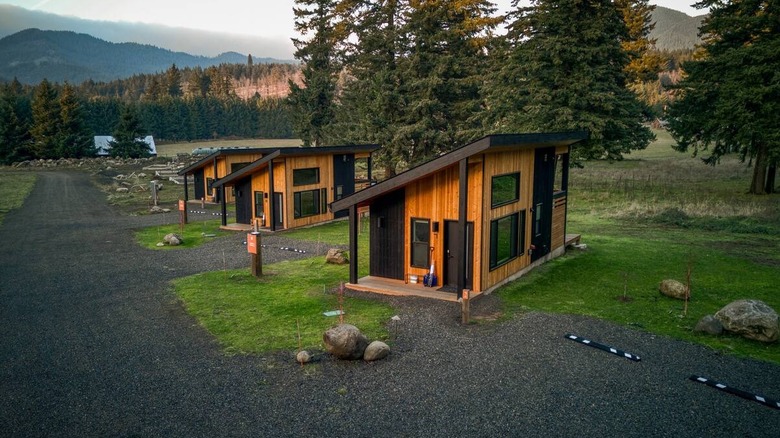 A group of three small wooden cabins along a gravel road backed by pine forests in Washington