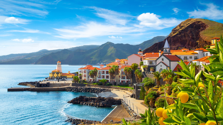 Lovely Portuguese seaside town with a mountainous landscape and lemon tree