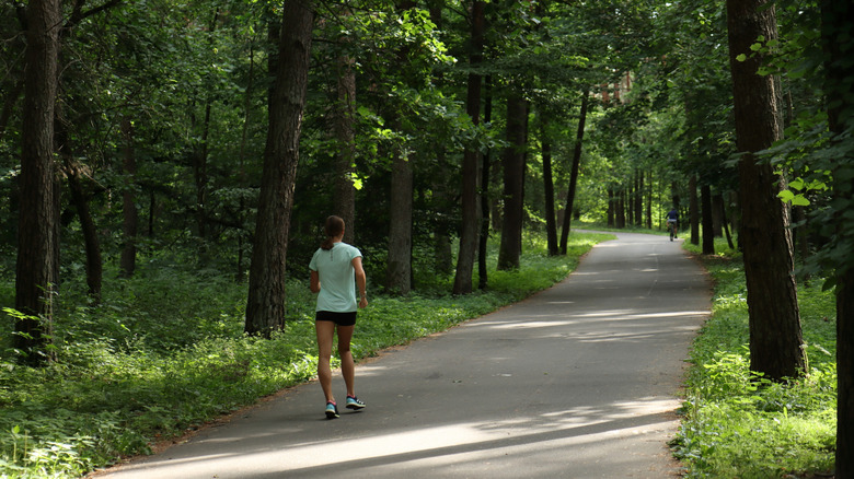 Paved path through the woods at Frick Park, with a woman in a green shirt walking away from the camera and a person on a bike in the distance