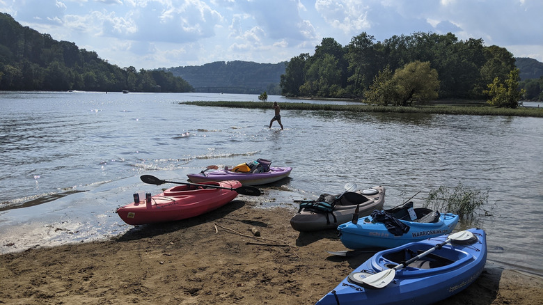 Blue, red, and gray kayaks on a beach in the foreground, with treed hills and an island in the background and a shirtless man walking through the water, under a cloudy blue sky