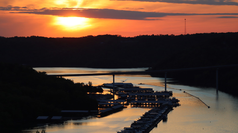 Sunset by the docks at Dale Hollow Lake in Tennessee