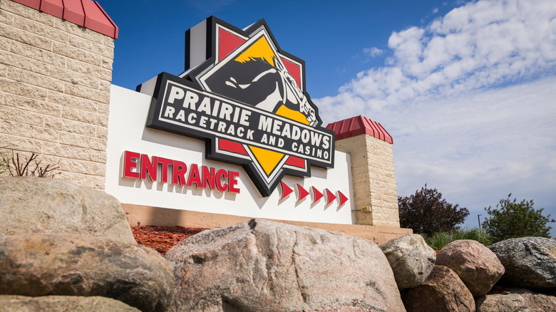 The entrance sign for Prairie Meadows Racetrack and Casino