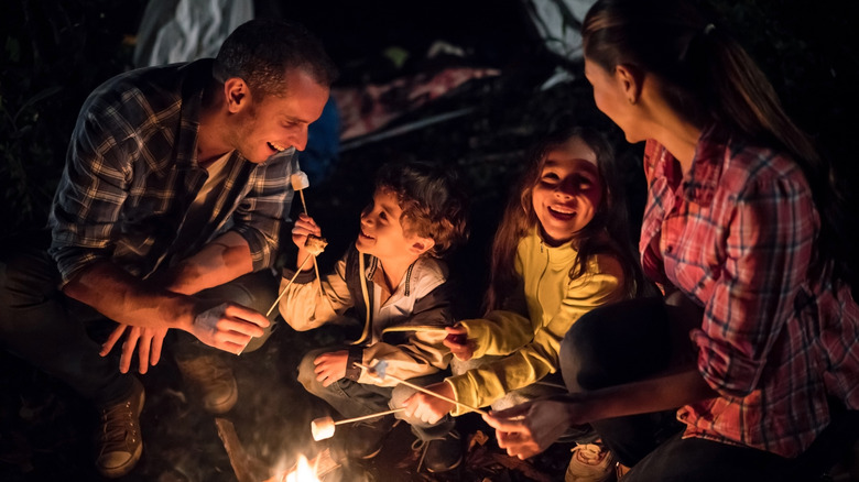 A family of four roasting marshmallows over a campfire in the forest