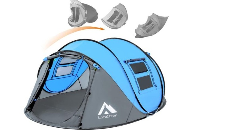 Blue and grey camping tent on white background