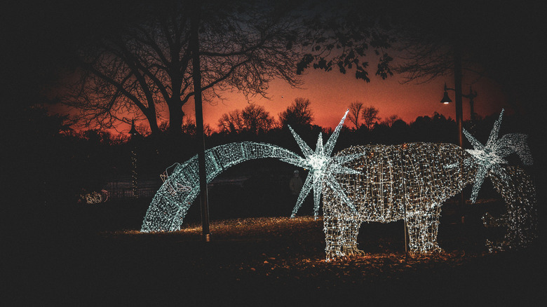 Christmas lights during the River Lights Winter Festival in Amherstburg, Ontario; the sun is setting over a park behind white, starry lights.