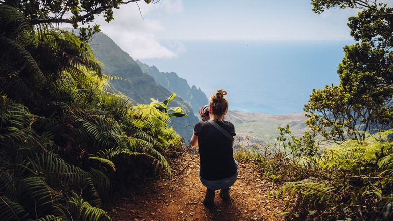 Photographing a mountain view on a trail in Hawaii