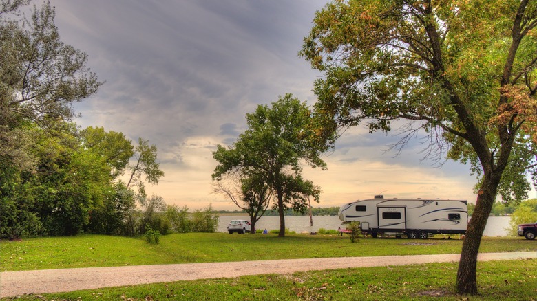 An RV parked in a campsite in Nebraska