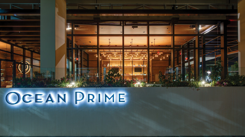 Exterior night-time image of Ocean Prime Beverly Hills, an upscale surf 'n' turf chain restaurant located near Rodeo Drive in Beverly Hills, California, USA