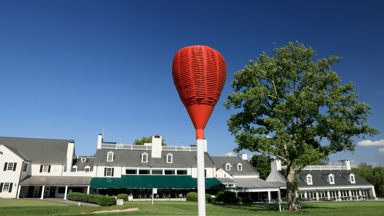 A wicker basket flag pin at Merion East